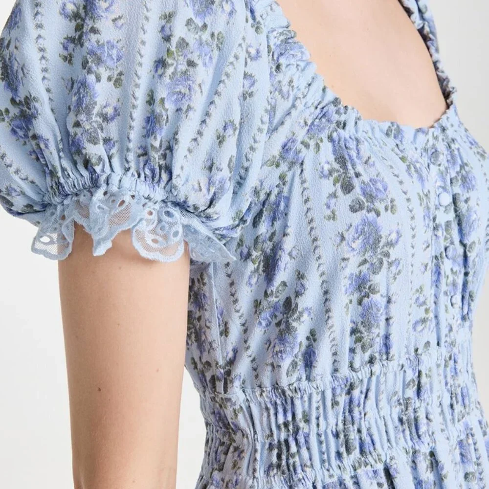 Smocked Square Neck Puff Sleeve Maxi Dress - Light Blue - Picture 3 of 5